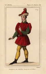 Tanneguy IV du Chatel, de la Belliere vikomt, II. Ferenc Hotel nagymestere, Bretagne hercege, d. 1477. Kézi színű litográfia egy Esztert és Mordecait ábrázoló gobelin alakja után Roger de Gaignieres portfóliójában VI 132 a Le Bibliophile-ból
