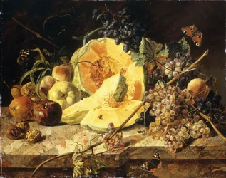 Csendélet gyümölccsel, diófélékkel és rovarokkal, 1835