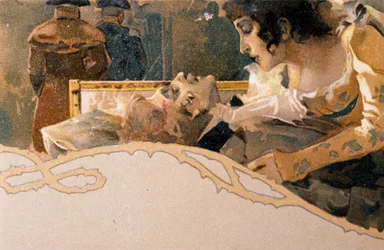 Leopoldo Metlicovitz (1868-1944) által illusztrált képeslap, amely a Tosca jeleneteit ábrázolja, Giacomo Puccini (1858-1924) operája
