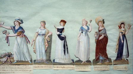 Különböző fiatal nők, akik a női divatot képviselték a forradalom idején. Gouache des freres Lesueur (18. század) Párizs, Musee Carnavalet