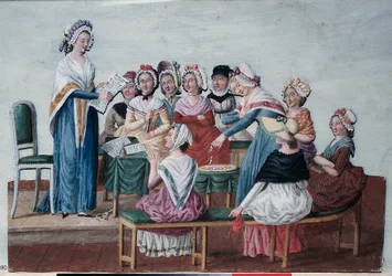 Francia forradalom (1789): Hazafias női klub a forradalom idején. A Lesueur fivérek festménye (18. század). Párizs, Musée Carnavalet.