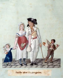 Francia forradalom: egy család ínycsiklandozó. Lesueur Brothers Gouache (XVIII. század)
