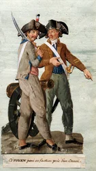 Francia forradalom: „a polgár frakcióban pózol egy ágyú közelében”. A Lesueur testvérek gouache-ja. 18. század. Musee Carnavalet, Párizs