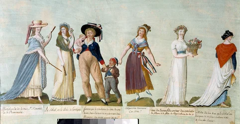 Az 1789-es francia forradalom: női divat a forradalmi korban (forradalmi nő). A Lesueur fivérek gouache-a (18. század). Párizs, Musée Carnavalet.