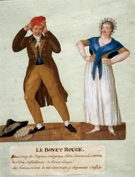 A vörös kalap. Egy férfi frígiai sapkát visel az 1789-es forradalom idején. A Lesueur fivérek gouache-a. 18. század. Musée Carnavalet, Párizs
