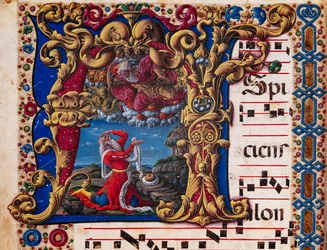 Piccolomini Könyvtár: kóruskönyv, cod. 1.A, ff.4v „Ézsaiás látomása”, Liberale da Verona (kb. 1445-1527/9). Részlet.