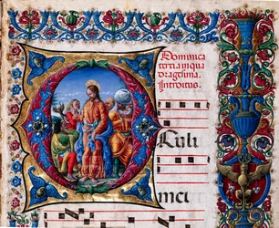 Piccolomini Könyvtár: kóruskönyv, cod. 21,6, ff. 2r „A tisztátalan lélek kiűzésével”, Liberale da Verona (kb. 1445 - 1527/9). Részlet.