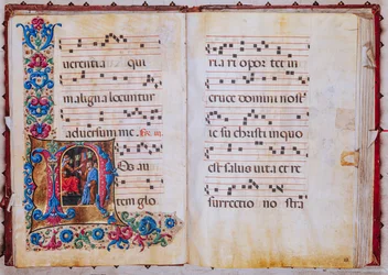 Piccolomini Könyvtár: kóruskönyv, cod. 22,7, ff. 22v-23r „Krisztus Pilátus előtt”, Liberale da Verona (kb. 1445-1527/9).
