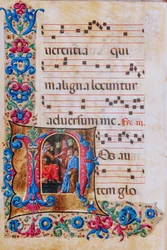 Piccolomini Könyvtár: kóruskönyv, cod. 22,7, ff. 22v „Krisztus Pilátus előtt”, Liberale da Verona (kb. 1445-1527/9).