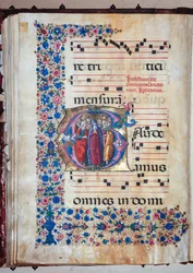 Piccolomini Könyvtár: kóruskönyv, cod. 28.12, ff. 94v a „Szűz és minden szenttel”, Francesco Rosselli és Liberale da Verona (kb. 1445-1527/9).