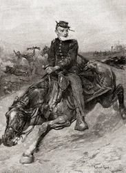 Egy diszpécserlovas az amerikai polgárháború idején, a The Century Magazine-tól, 1887-ben (metszet)