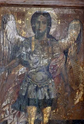 Angyal, freskó a bizánci Sotiras Christos templomban, Vlithias, Kréta, Görögország (fotó)