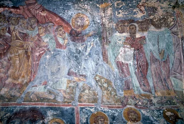 Angyal, freskó a bizánci Sotiras Christos templomban, Vlithias, Kréta, Görögország (fotó)
