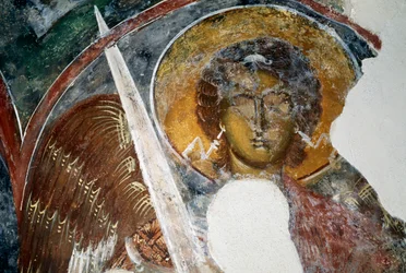 Mihály arkangyal freskó egy bizánci templomban a Geraki vár romjai között