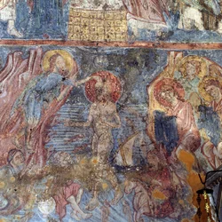 Jézus keresztsége, freskó a templomban Alikamposon, Krétán, Görögországban (fotó)