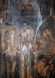 Krisztus és a szentek, freskó Agios Ioannis templomban, Kantanos, Kréta, Görögország (fotó)