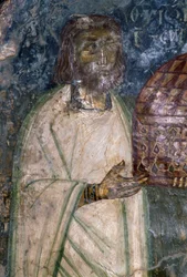 Agia Anna templom freskóvásárlója, kezében templommodell, freskó 1642-ből, Anisaraki, Kréta, Görögország