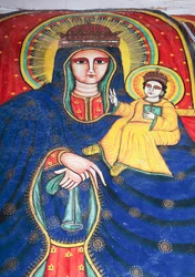 Máriát és gyermekét ábrázoló freskó, Sion Mária Szűzanya templom (17. század), Aksum (az UNESCO világörökségi listája)