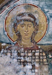 Freskó szenttel a bizánci Agios Georgios templomban, Vathi, Kréta, Görögország (fotó)