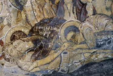 Freskók halott Krisztussal a Metamorphosis tou Sotiros templomban, Kefaliban, Krétán, Görögországban (fotó)