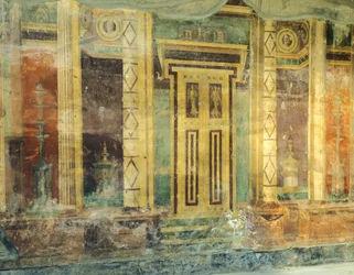 Olaszország, Campania, Oplonti, Torre Annunziata régészeti terület, Roman Villa Poppaea, Nagyterem, Freskó oszlopokkal második pompeusi stílusban