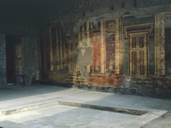 Olaszország, Campania, Oplonti, Torre Annunziata régészeti terület, Roman Villa Poppaea, freskók építészeti motívumokkal második pompeusi stílusban
