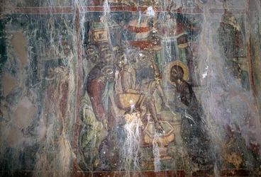 Jézus és lábmosás, freskó a bizánci Agios Athanasios templomban, Kefali, Kréta, Görögország (fotó)