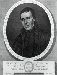 Jan Philipp Roothaan (1785-1853), holland jezsuita és a Jézus Társaság 21. fővezérének portréja, Serafino Speranza (1862-1911) rajza és metszete Frans Quartier festménye alapján