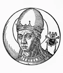 Szent Zosimus (meghalt 418-ban), a katolikus egyház 41. pápájának portréja 417-ből, metszet