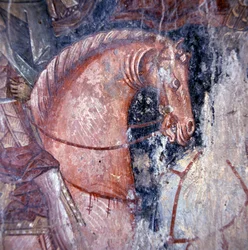 Szent lóháton, freskó a Palaia Roumata templomban, Kréta, Görögország, Részlet (fotó)