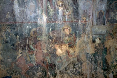 Szentek lóháton, freskó a bizánci Agios Athanasios templomban, Kefali, Kréta, Görögország (fotó)