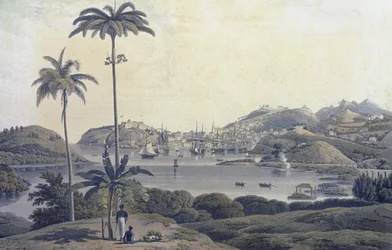 St. George városának kilátása Grenada szigetén, a Belmont Estate-ről, vésette William Daniell (1769-1837), 1810 körül