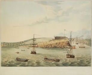Támadás Fort Oswego ellen, Ontario-tó, Észak-Amerika. 1814. május 6. dél, és a második zászlóalj királyi tengerészgyalogosai és egy csapat tengerész által megrohanó Oswego-erőd délben 15 órával, R. Havell metszete, 1815