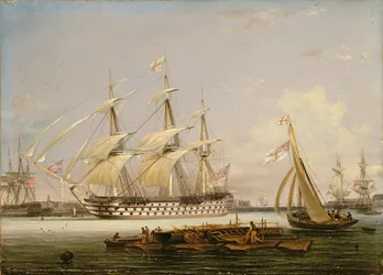 Egy háromemeletes, belép Portsmouth kikötőjébe, 1836