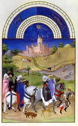 Augusztus fakszimiléje: solymászat, a Très Riches Heures du Duc de Berryből