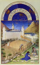 Júliusi fakszimile: aratás és juhnyírás, a „Très Riches Heures du Duc de Berry” című műből
