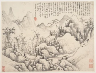 Hegyi elvonulás, levél a Zhou Lianggong albumból, 1654-55-re datálható (levél egy sok levélből álló gyűjteményes albumból; tinta és szín, papír)