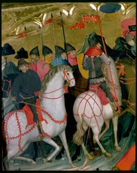 Lovas katonák, részlet a Szűz és Szent György oltárképről, 1390-1400 körül (tempera a táblán)