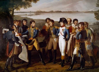 I. Napóleon elrendelte, hogy 1809. május 19-én építsenek hidat a Dunán Ebersdorfban. Henri Gatien Bertrand tábornok (1773-1844) bemutatja a Lobau szigetén áthaladó híd terveit „” Részlet. Ludovico Venuti festménye (1799-1810 között aktív)