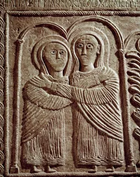 A középkor régészete (középkor). Lombardia barbár művészete: Látogatás, Szent Erzsébet és Szent Mária. Szobrászat, Lombard művészet, 737-744. Cividale del Friuli, Chretien Múzeum, a katedrális kincse