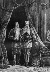 Leon Benett rajza Jules Verne "A Begum 500 milliója" című könyvéből - Hetzel/Extraordinary Voyages 1879-es kiadás. Arminius és Sigimer megjelenése, két impozáns szakállas.