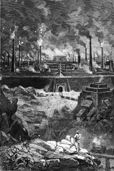 Leon Benett rajza Jules Verne "A Begum 500 milliója" című könyvéből - Hetzel/Extraordinary Voyages 1879-es kiadás. Az "Acélváros" látképe, gyárak (kohók - acélöntödék) gigantikus halmaza.