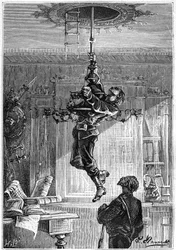 Leon Benett rajza Jules Verne "A Begum 500 milliója" című könyvéből - Hetzel/Extraordinary Voyages 1879-es kiadás. "... Alighogy le volt függesztve a kandeláber dore, a legnagyobb meglepetésére, látta, hogy a keze alá esik. A mennyezet