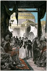 Samarkande (ma Samarkand vagy Samarqand Üzbegisztánban) bazárja, illusztráció Jules Verne "Claudius Bombarnac" című regényéhez, Hetzel kiadás 1892 - Leon Benett (Hippolyte Leon Benet) rajza
