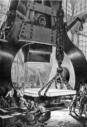 Leon Benett rajza, Jules Verne "A Begum 500 milliója" című könyvéből - Hetzel/Extraordinary Voyages 1879-es kiadás. kalapácsos dobos (dobos) munka közben egy acélöntödében.