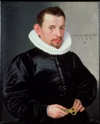 Fiatal úriember portréja, aki fodrot visel, 1587