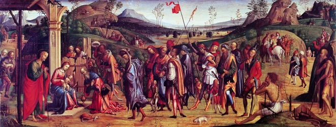 Lorenzo Costa (1460-1535) Mágusok imádása, olaj, vászon, 75x181 cm