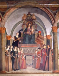 Madonna és gyermeke angyalokkal, Lorenzo Costa (kb. 1537-1583), Bentivoglio kápolna a San Giacomo Maggiore templomban, Bologna, Olaszország