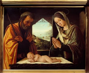 Lorenzo Costa (1460-1535) nativita fafestménye 1490 Dim. 0,65x0,85 m Lyon, Musee des Beaux Arts