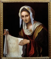 Szent Veronika. A szent kendő Krisztus arcát ábrázolja, akinek verejtékét Veronika állítólag a Kálváriára vezető úton törölte le. Lorenzo Costa (1460-1535) festménye. Méretek: 0,64 x 0,54 m.